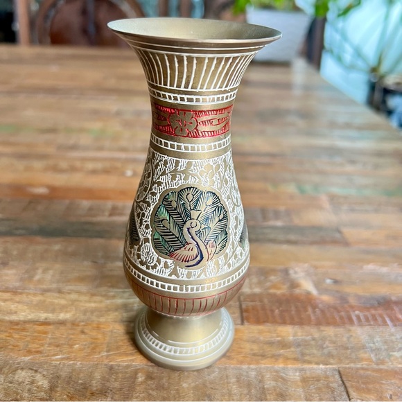 Vintage Other - Vintage Indian Brass Vase with Etching and Painted Design
